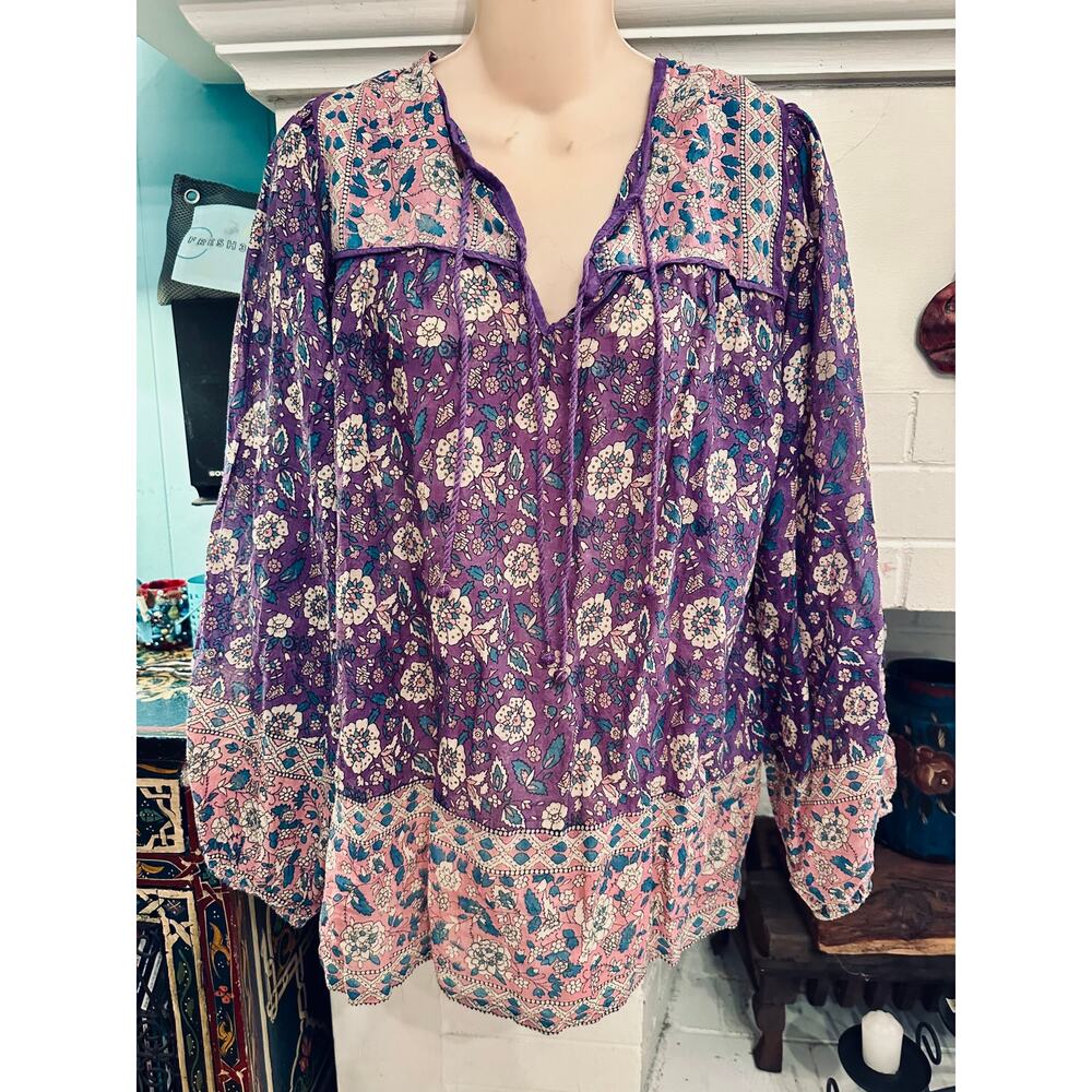 NEW BLUE BOHEME PURPLE COTTON BLOCK PRINT BLOUSE OSFA INDIA FRANCE BOHO